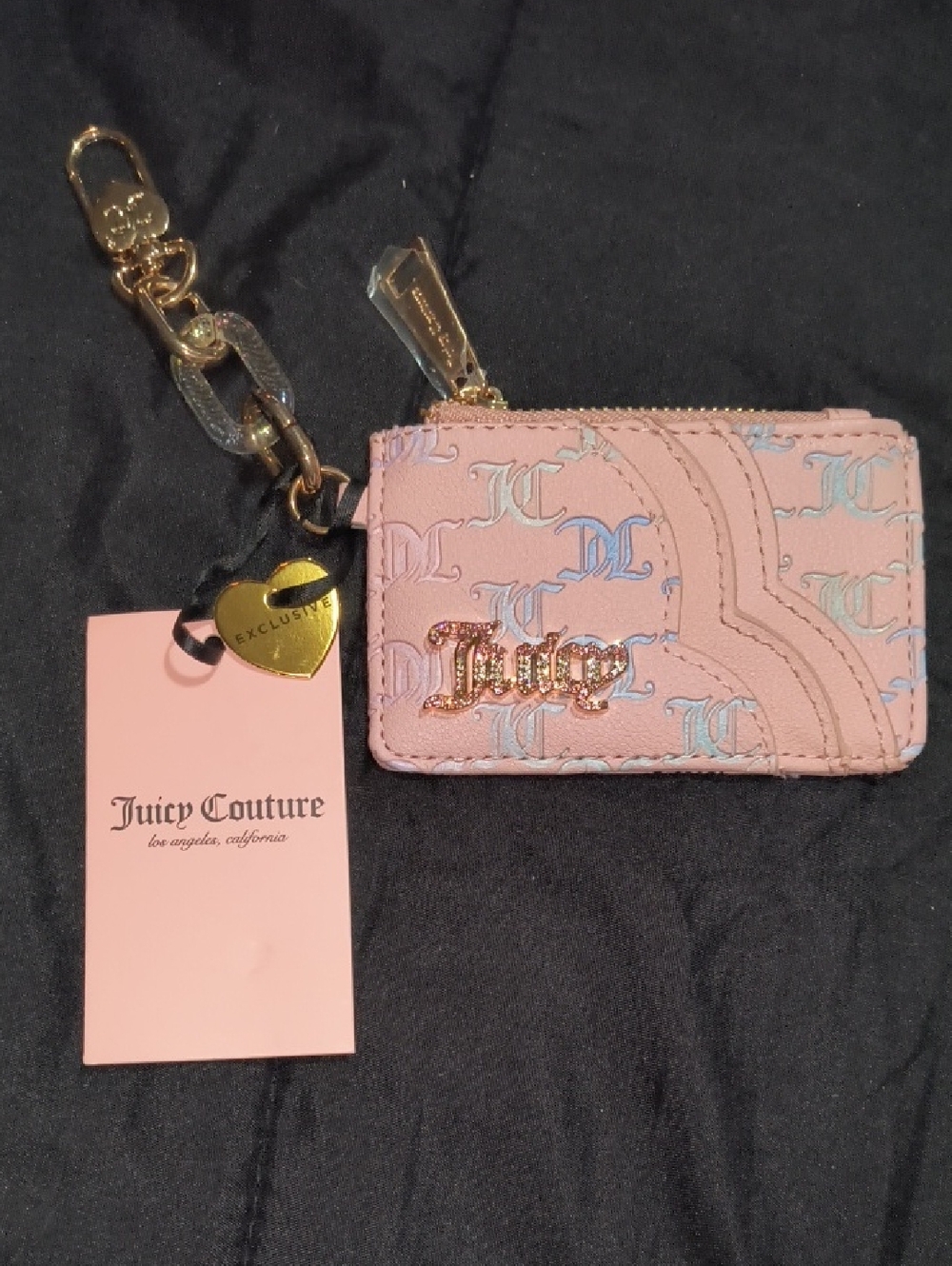 Juicy Couture Pink Logo Zip Cardholder Keychain with Gold Hardware